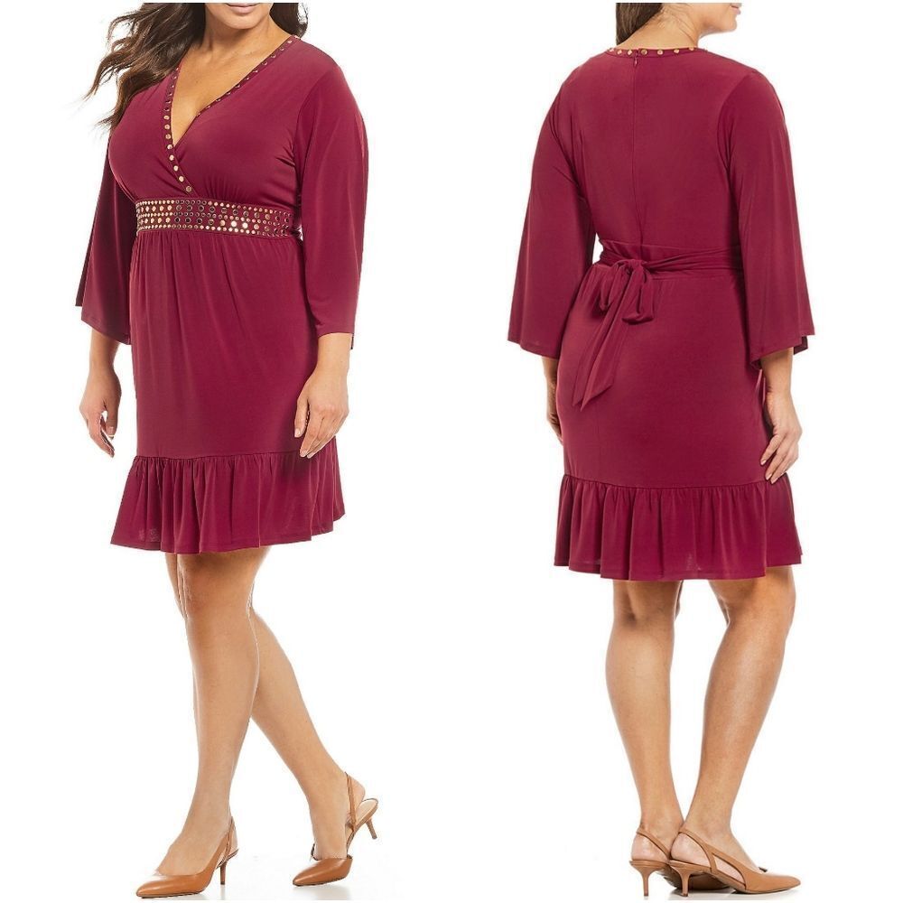 New! MICHAEL KORS Women's Studded Ruffle-Hem Jersey Dress Plus Size Maroon